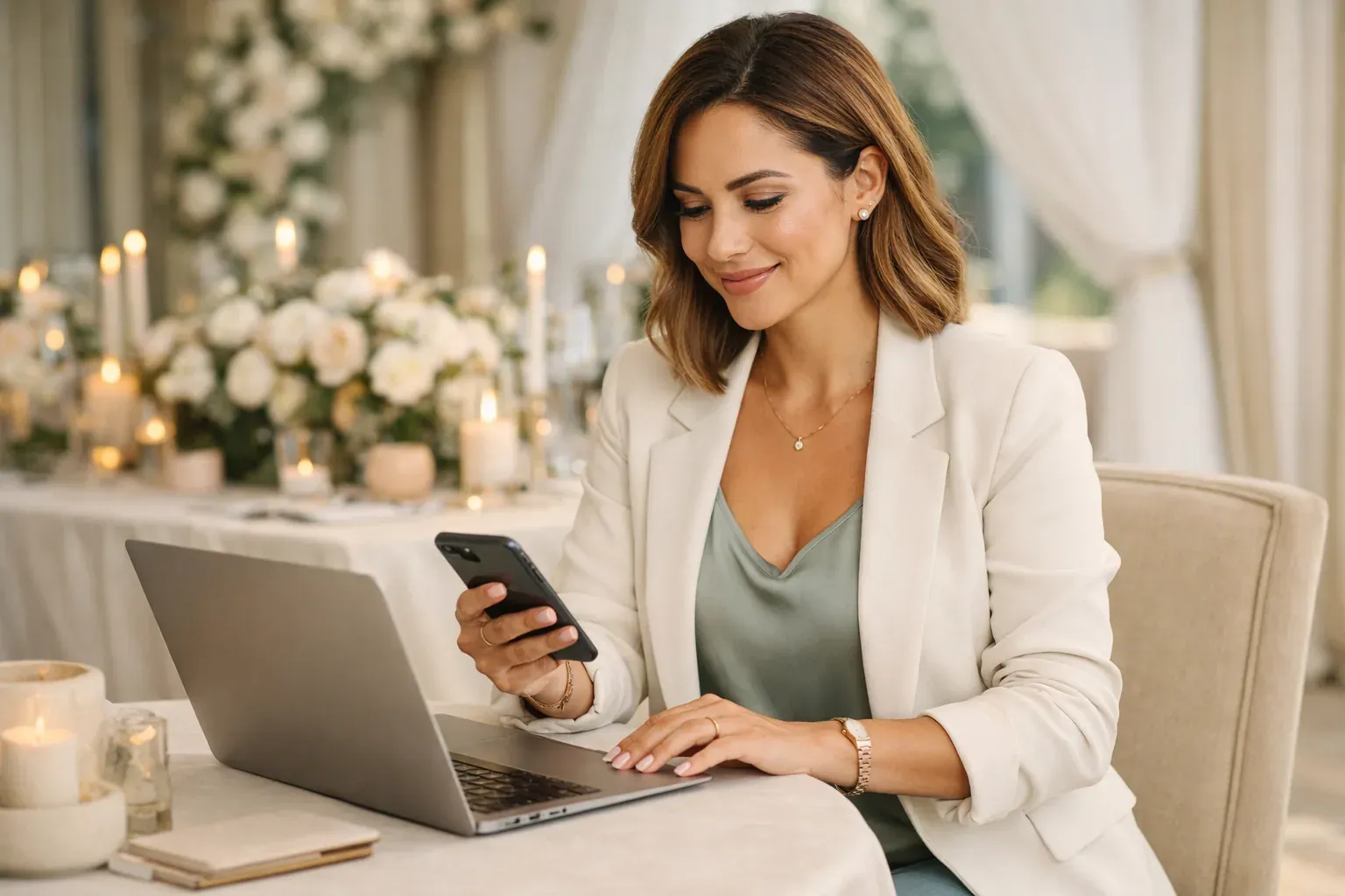 Asesora de atención revisando solicitudes comerciales en portátil y móvil.