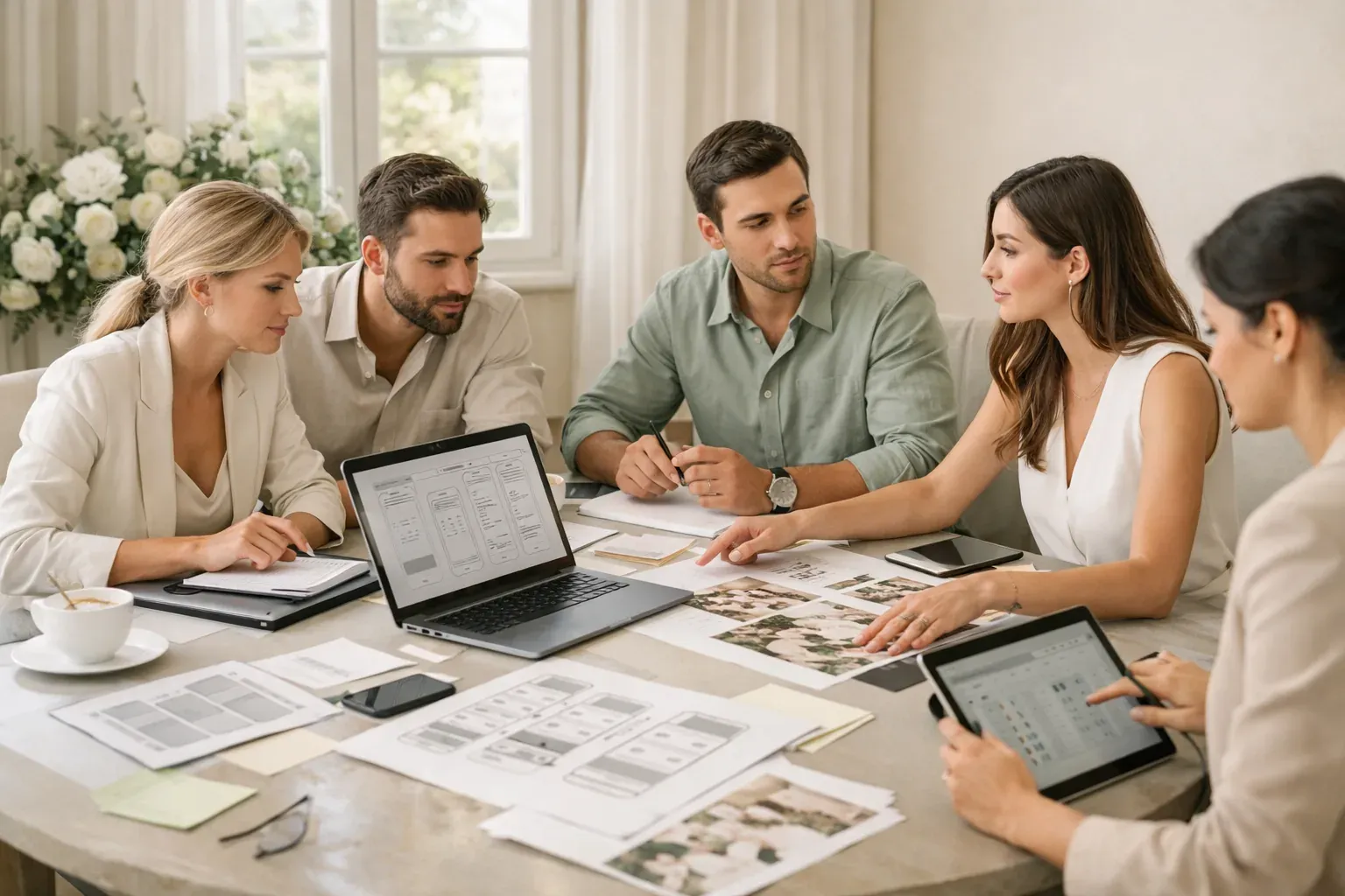 Equipo de producto y diseño trabajando en una sesión de planificación.