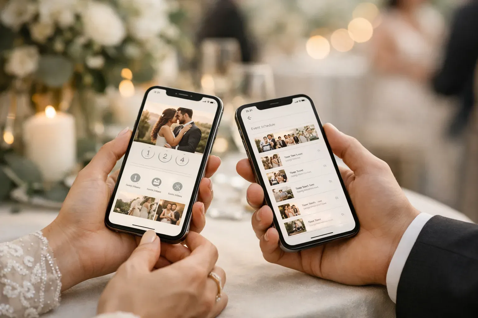 Pareja revisando Wedup en dos móviles antes de la boda.