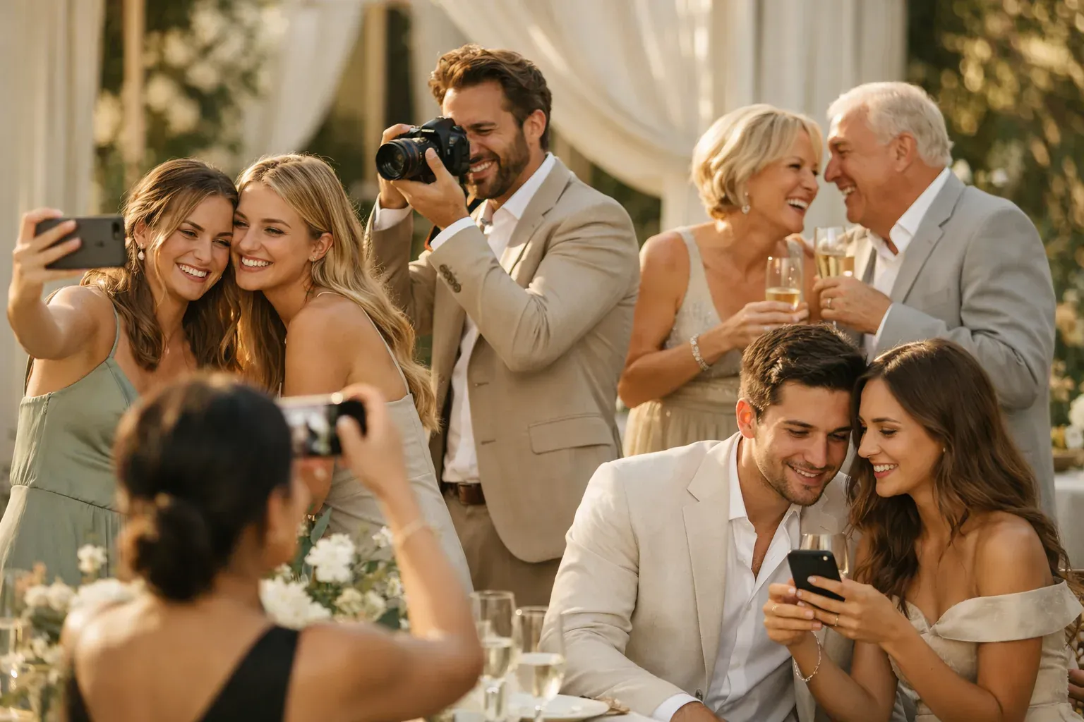 Invitados compartiendo fotos y momentos durante la celebración de una boda.