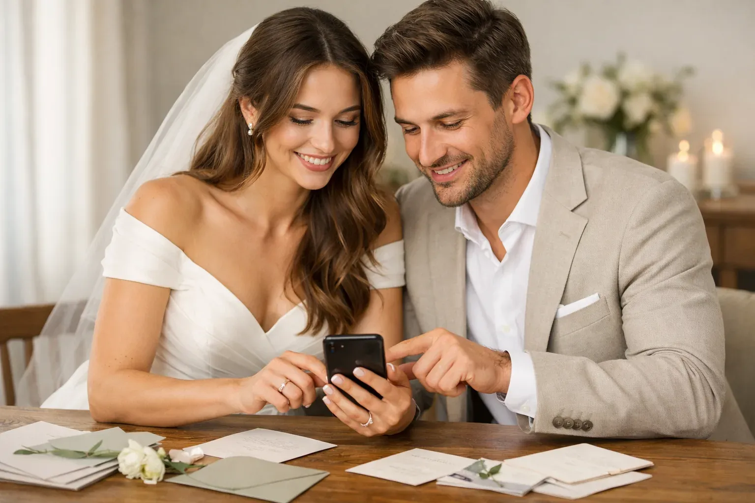 Pareja revisando lista de invitados y decisiones clave desde el móvil.