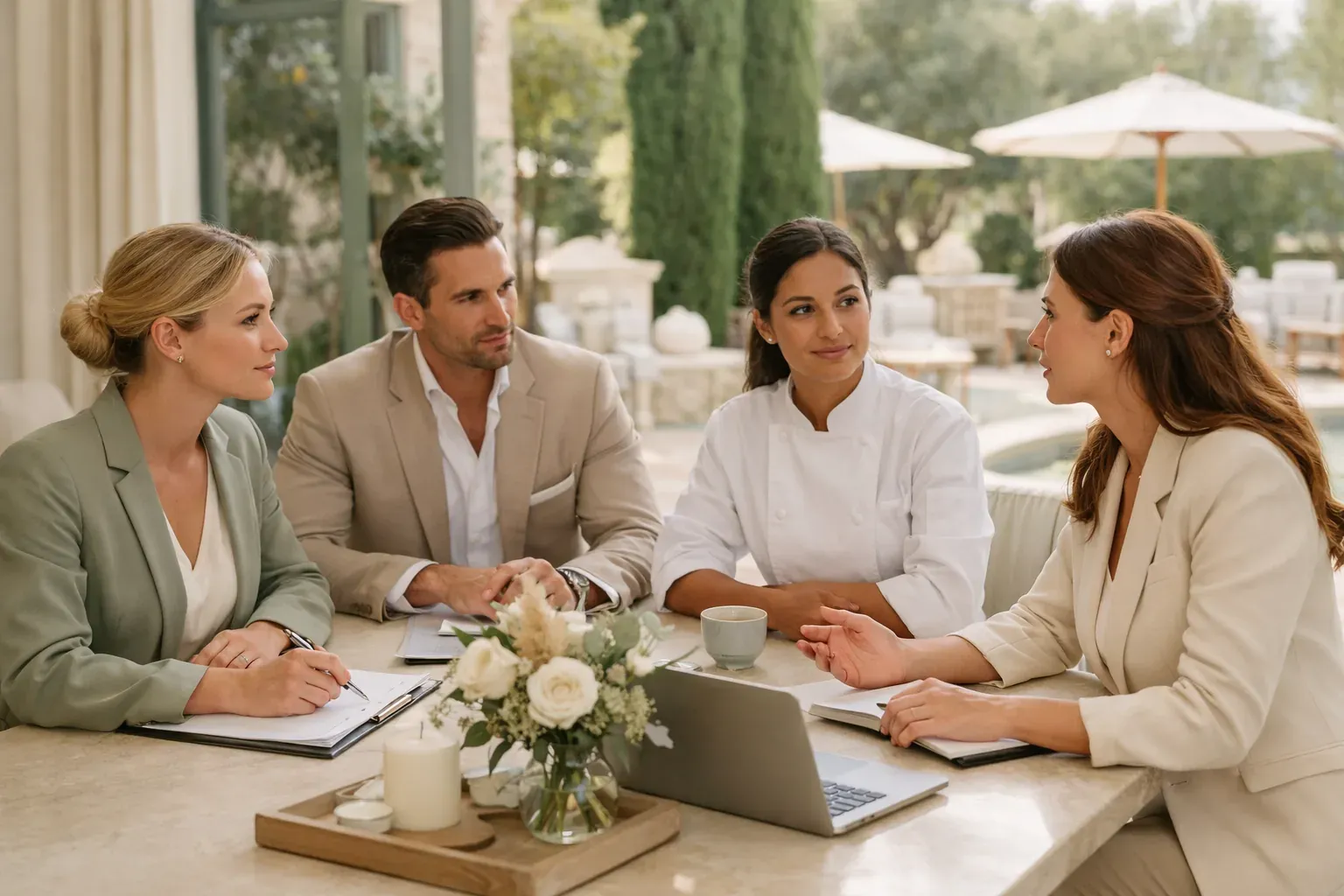 Planner, venue y perfil hospitality revisando plan operativo de boda.