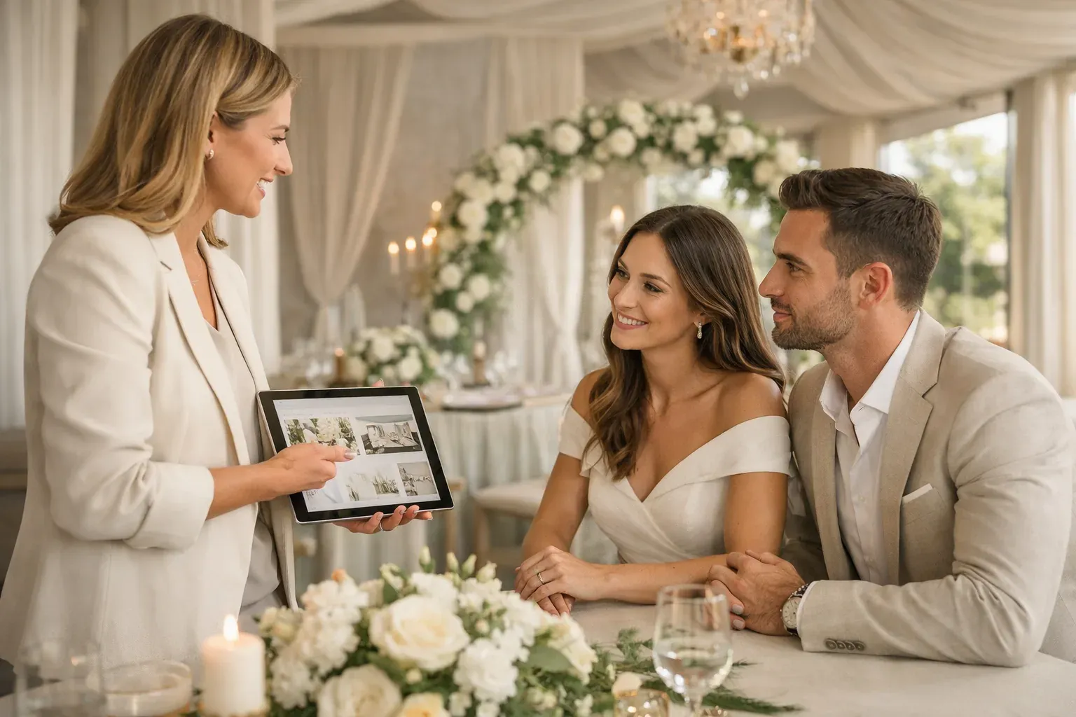 Wedding planner y equipo de venue coordinando una boda privada premium.