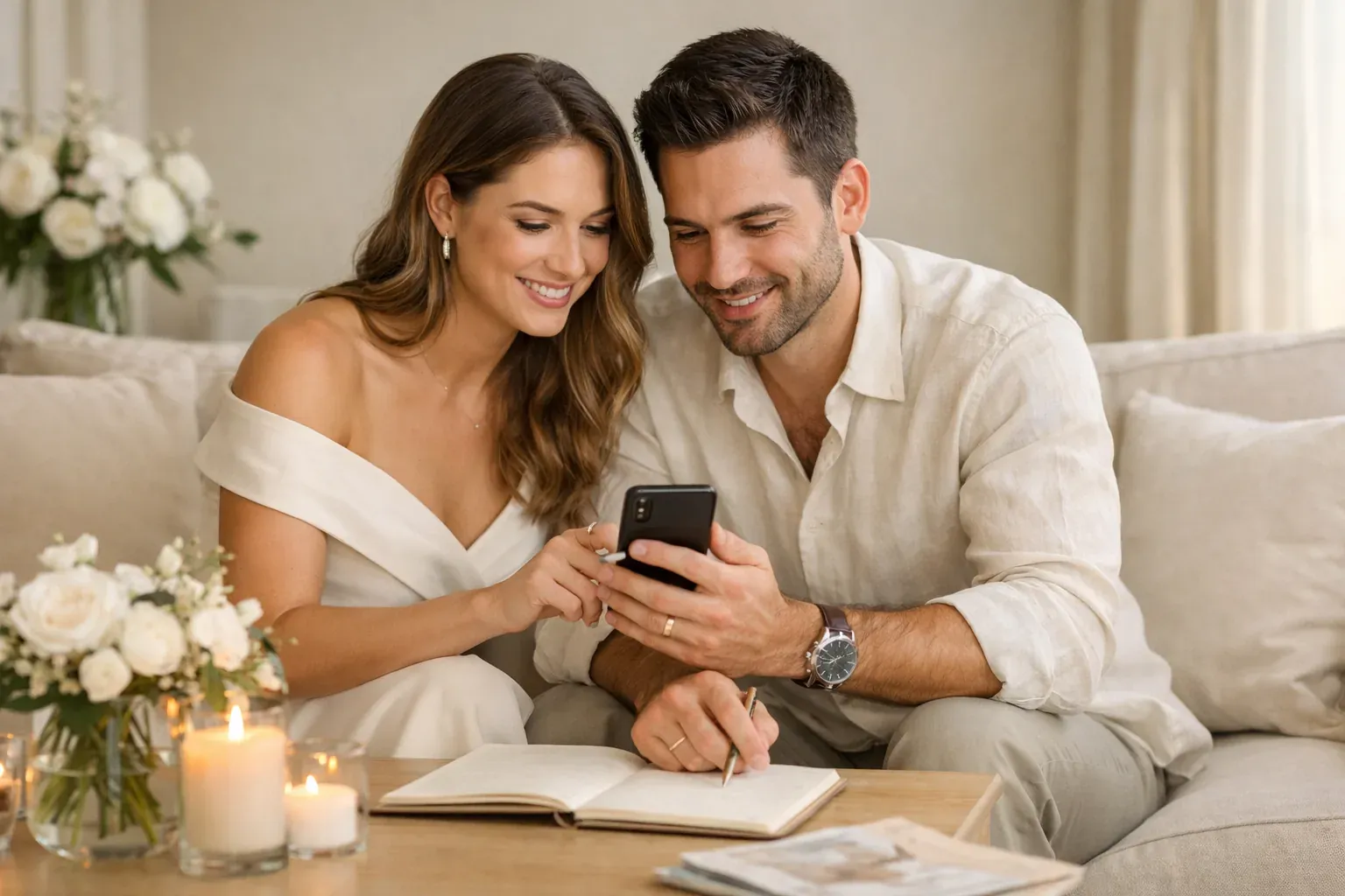 Pareja configurando los datos iniciales de su boda en la aplicación.